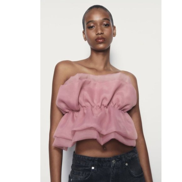 BLOGGER'S FAVE! Zara Organza Strapless Top Pink Sz S NWT - Picture 5 of 11